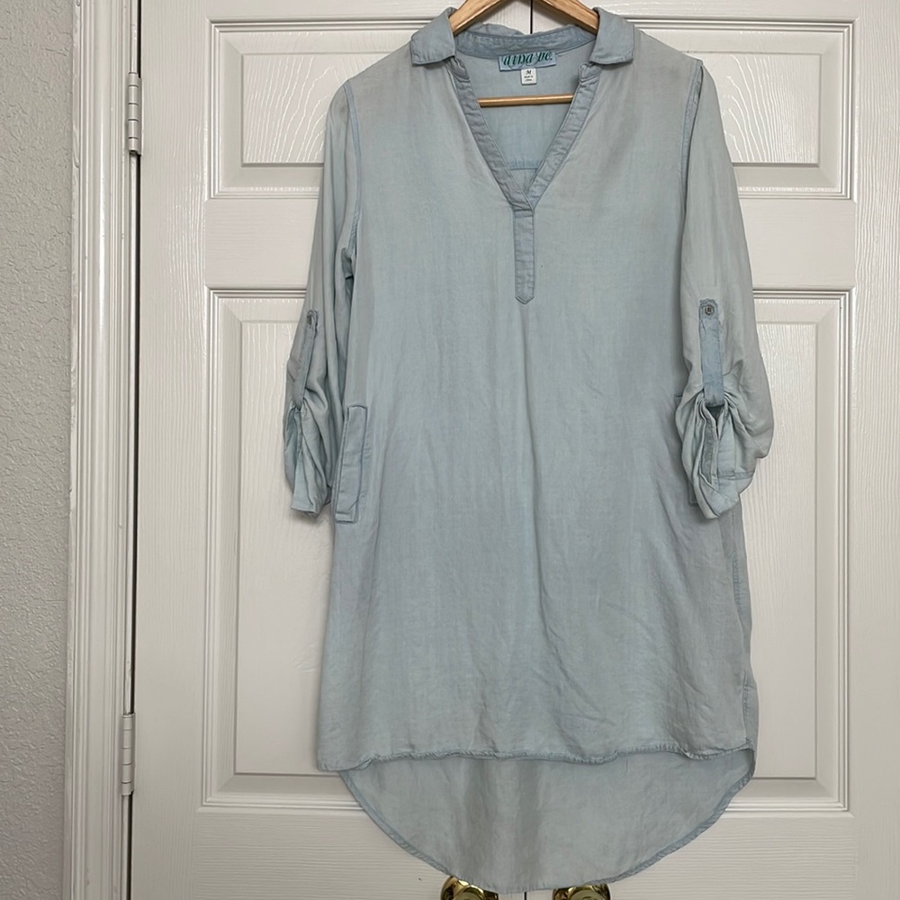 Denim V-Neck Vintage Washed Shirt Dress M